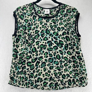 Cabi Tank Top Womens Size XS Jungle Leopard Print Crewneck Cap Sleeve Green